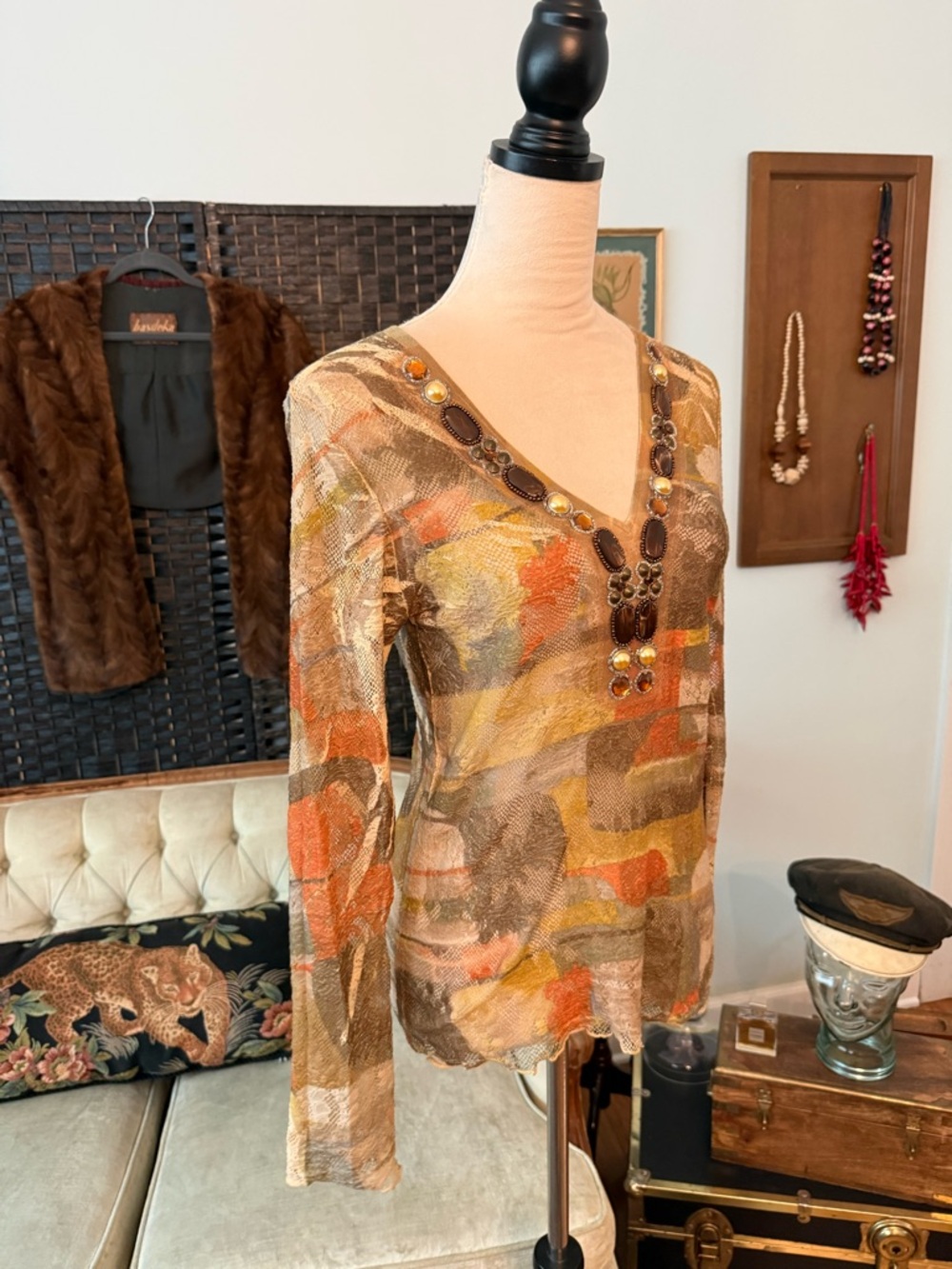 🍂✨ Vintage David Cline Embellished Mesh Top Abstract Earth Tone Y2K USA - Picture 4 of 10